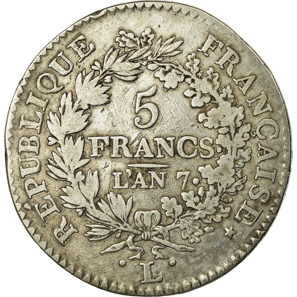 Coin, France, Union et Force, 5 Francs, 1798, Bayonne, VF(20-25), Silver