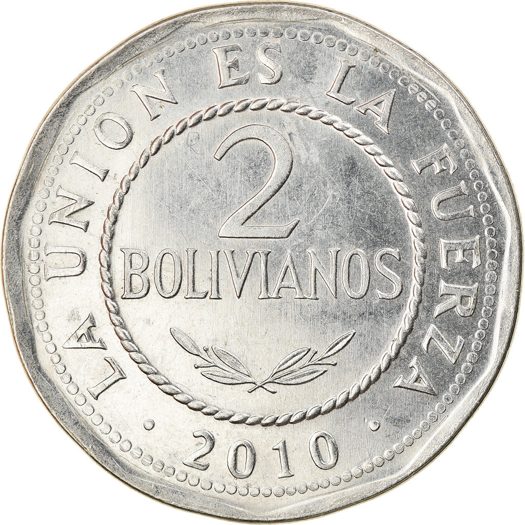 Moneda, Bolivia, 2 Bolivianos, 2010, EBC, Acero inoxidable, KM:218