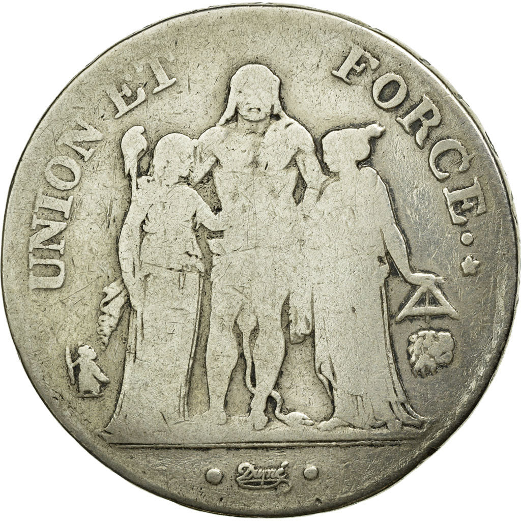 Coin, France, Union et Force, 5 Francs, 1799, Bayonne, VF(20-25), Silver