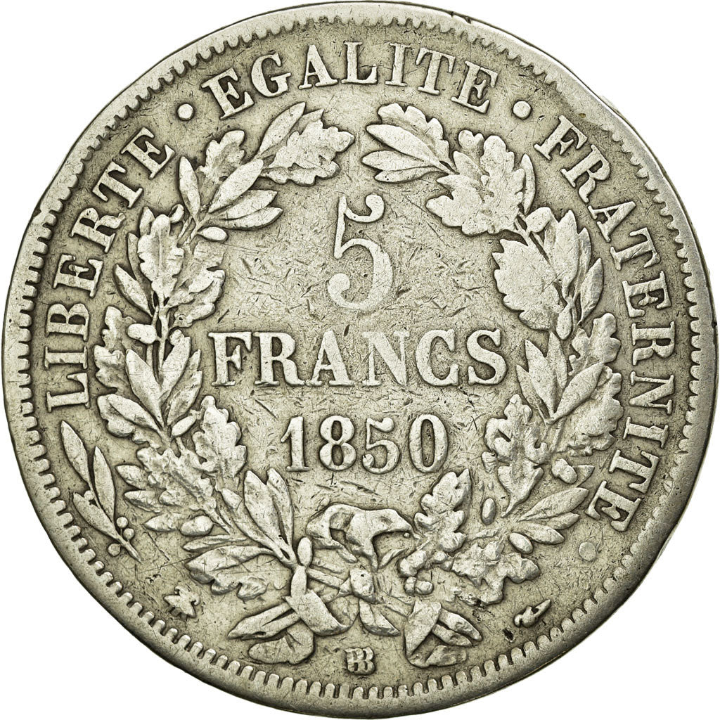 Coin, France, Cérès, 5 Francs, 1850, Strasbourg, VF(30-35), Silver, KM:761.2