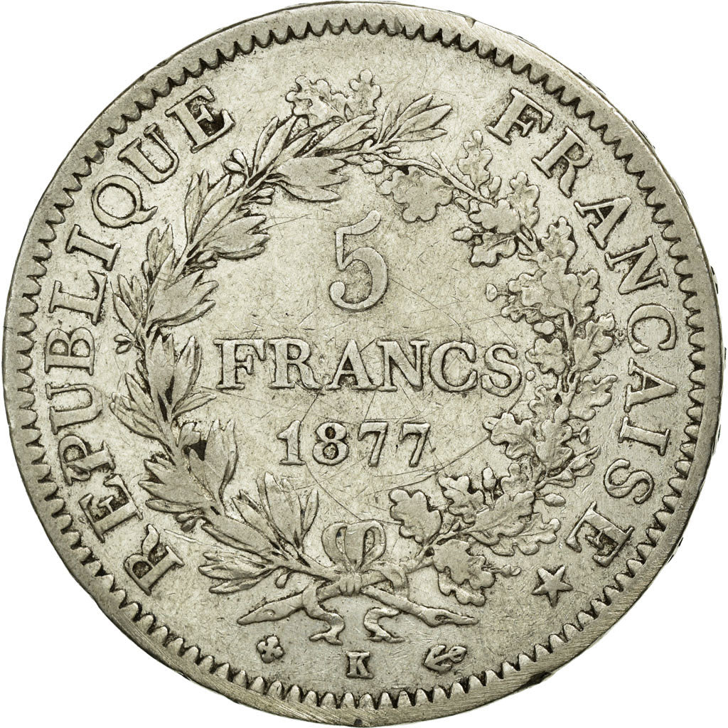 Coin, France, Hercule, 5 Francs, 1877, Bordeaux, VF(30-35), Silver, KM:820.2