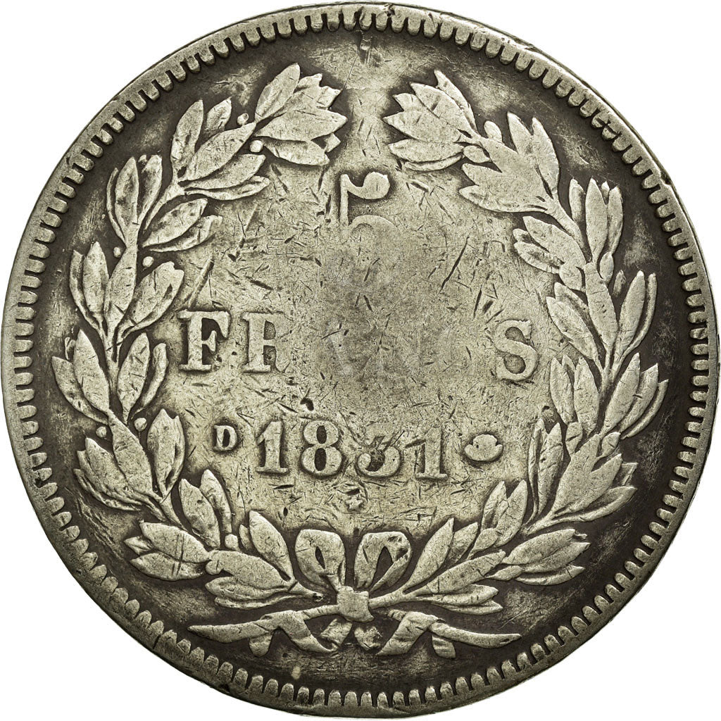 Coin, France, Louis-Philippe, 5 Francs, 1831, Lyon, VF(20-25), Silver, KM:744.2