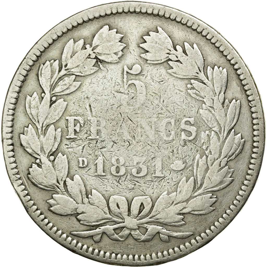 Coin, France, Louis-Philippe, 5 Francs, 1831, Lyon, VF(20-25), Silver, KM:745.4