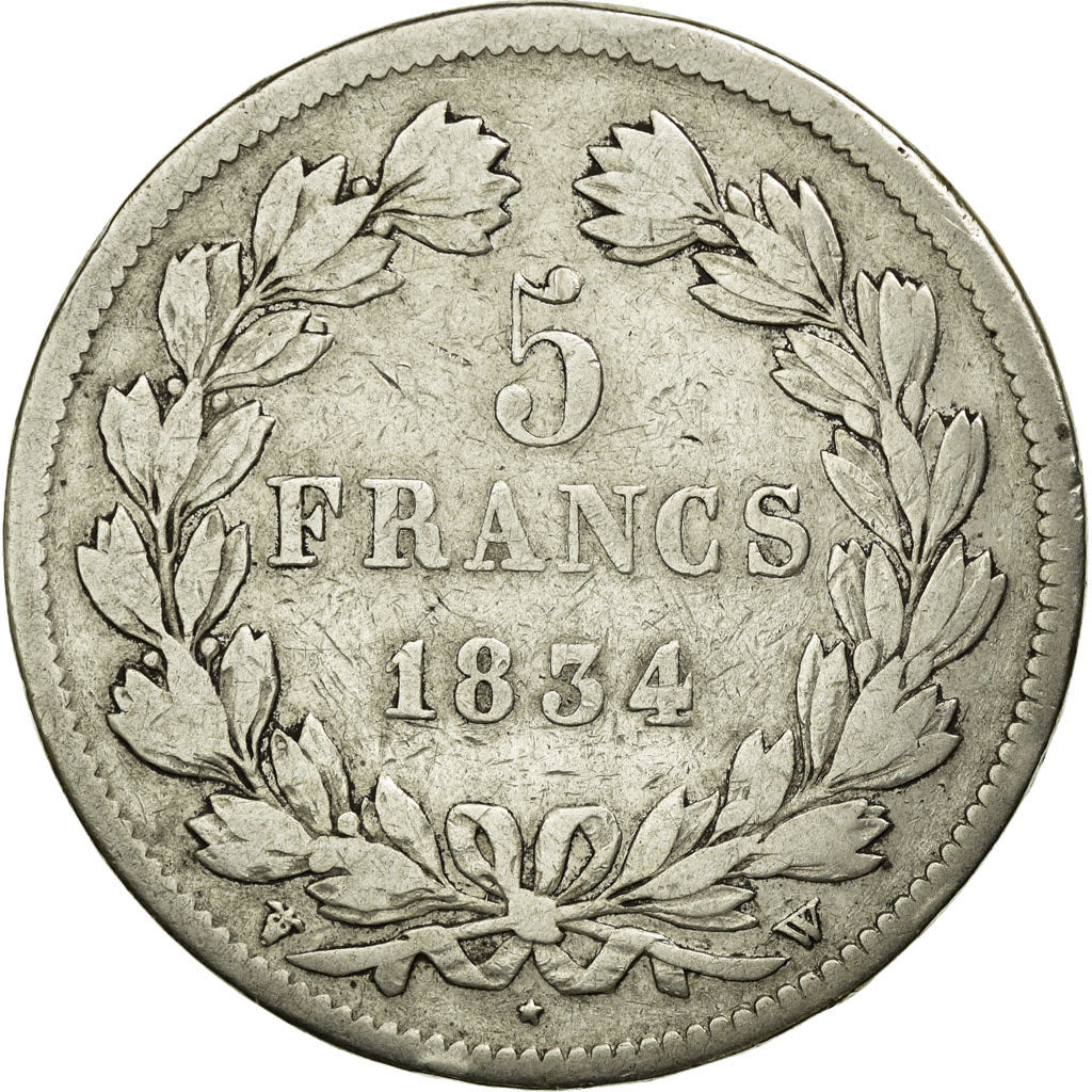 Coin, France, Louis-Philippe, 5 Francs, 1834, Lille, VF(20-25), Silver
