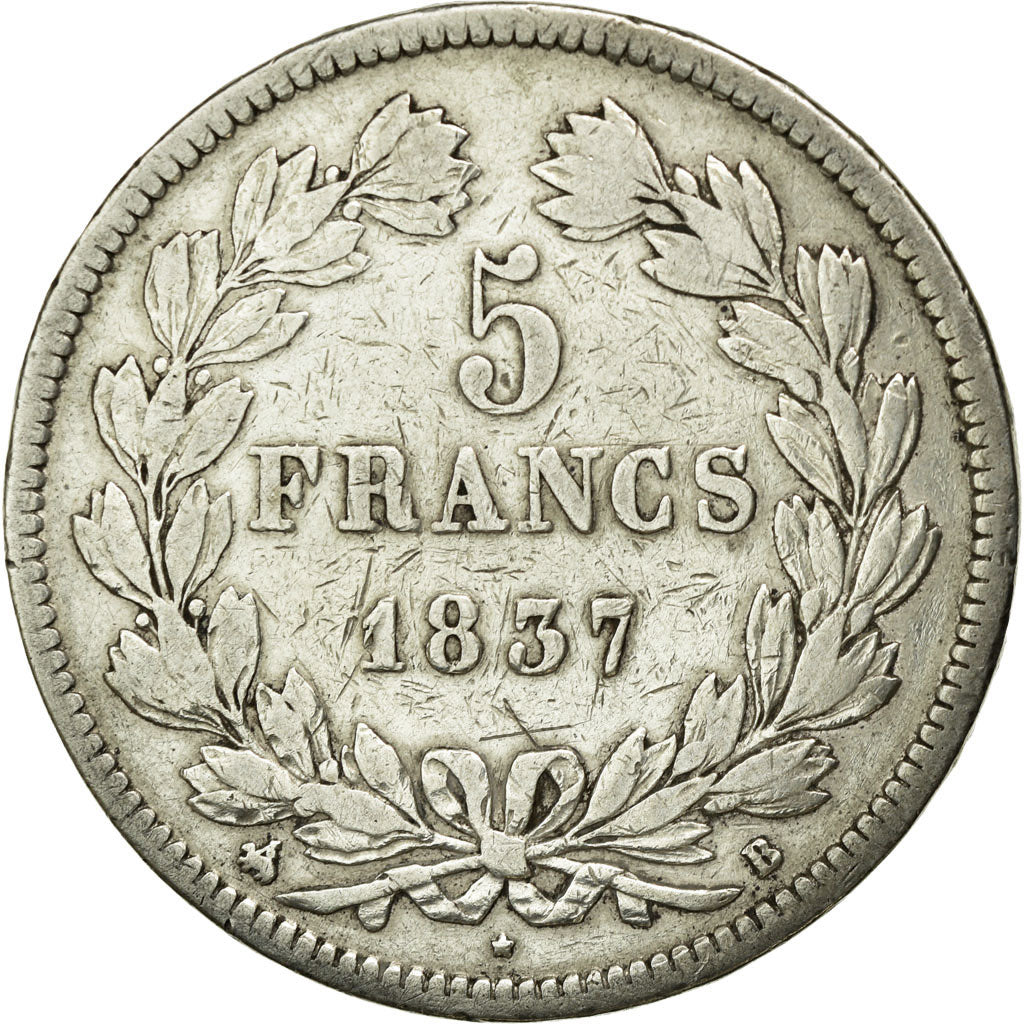 Coin, France, Louis-Philippe, 5 Francs, 1837, Rouen, VF(30-35), Silver