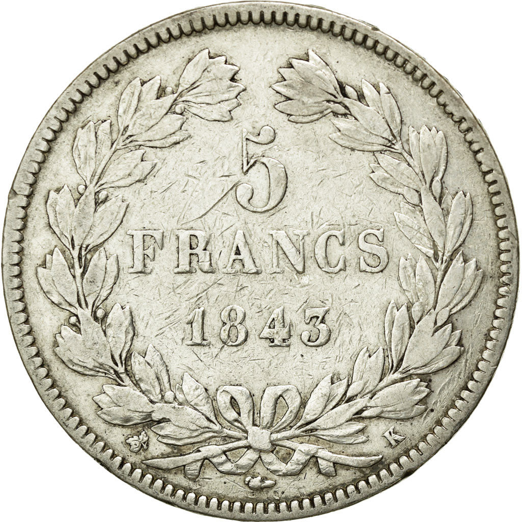 Coin, France, Louis-Philippe, 5 Francs, 1843, Bordeaux, VF(30-35), Silver