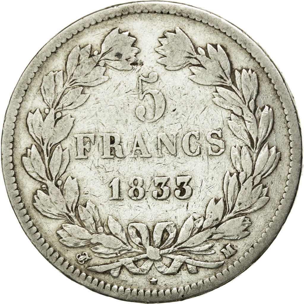 Moneda, Francia, Louis-Philippe, 5 Francs, 1833, Toulouse, BC+, Plata, KM:749.9