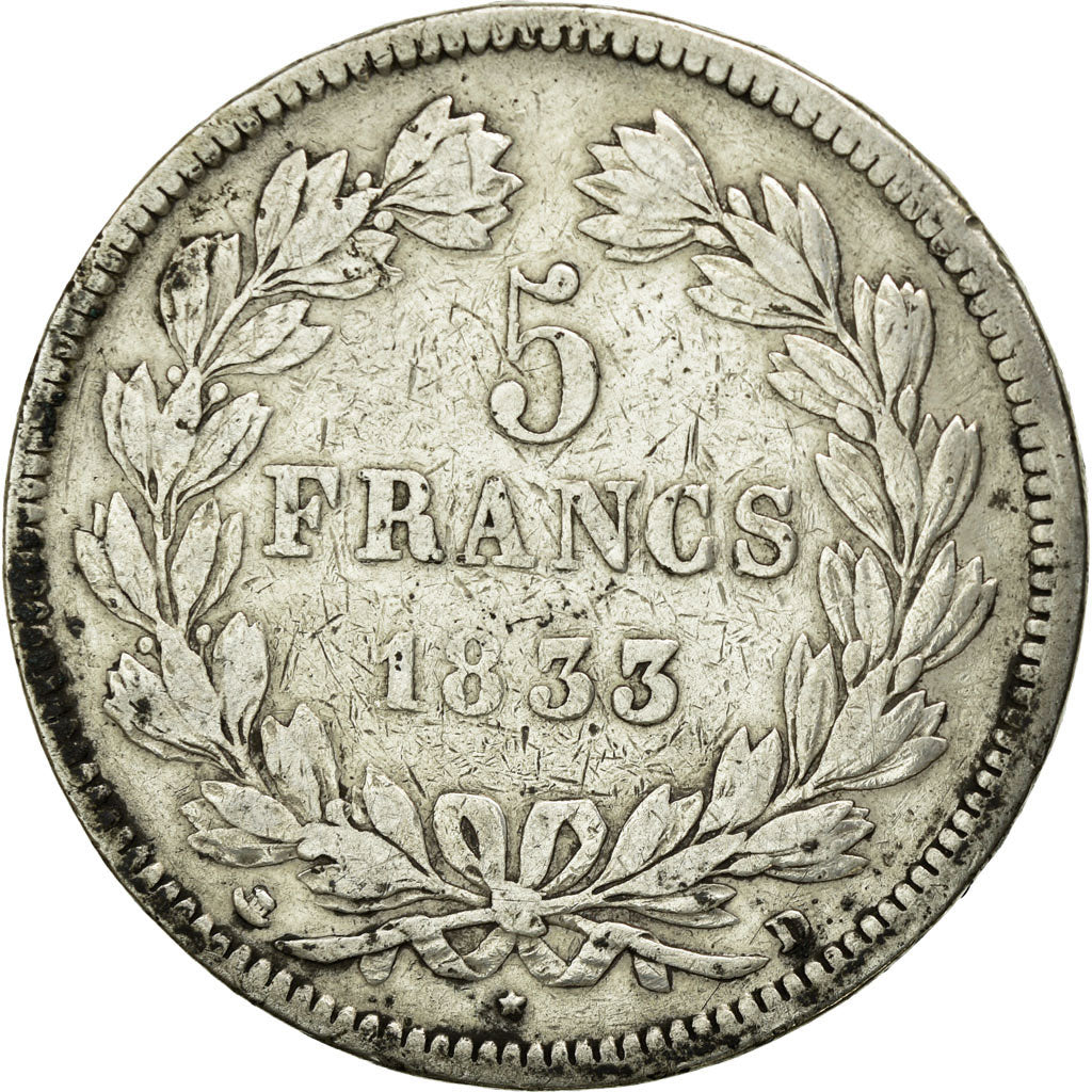 Moneda, Francia, Louis-Philippe, 5 Francs, 1833, Lyon, BC+, Plata, KM:749.4