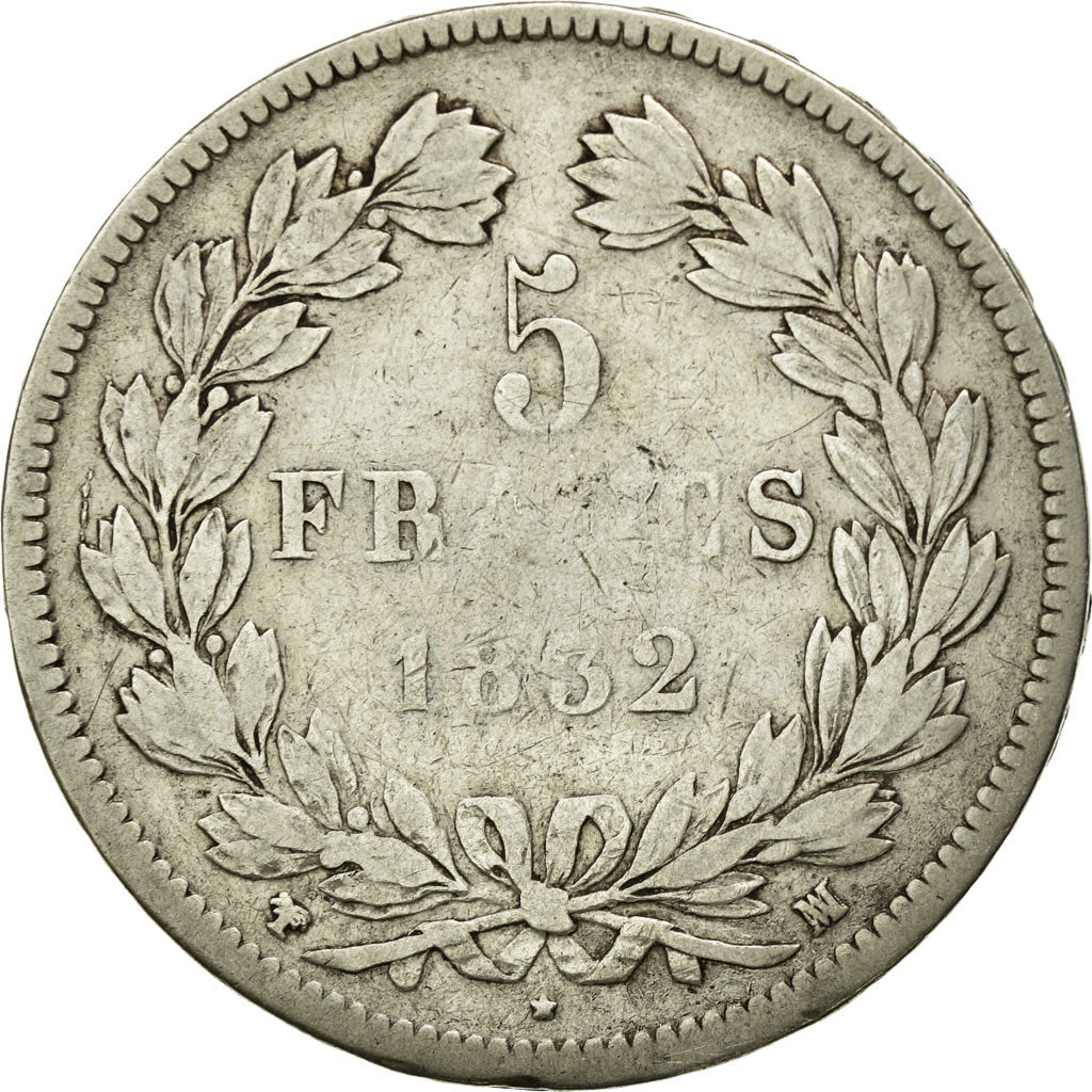 Moneda, Francia, Louis-Philippe, 5 Francs, 1832, Marseille, BC+, Plata