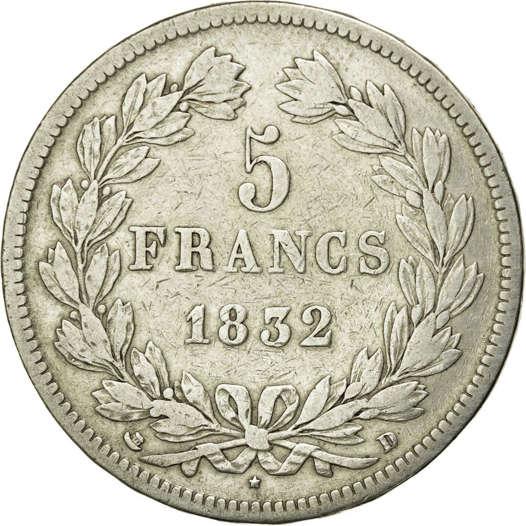 Moneta, Francia, Louis-Philippe, 5 Francs, 1832, Lyon, MB, Argento, KM:749.4