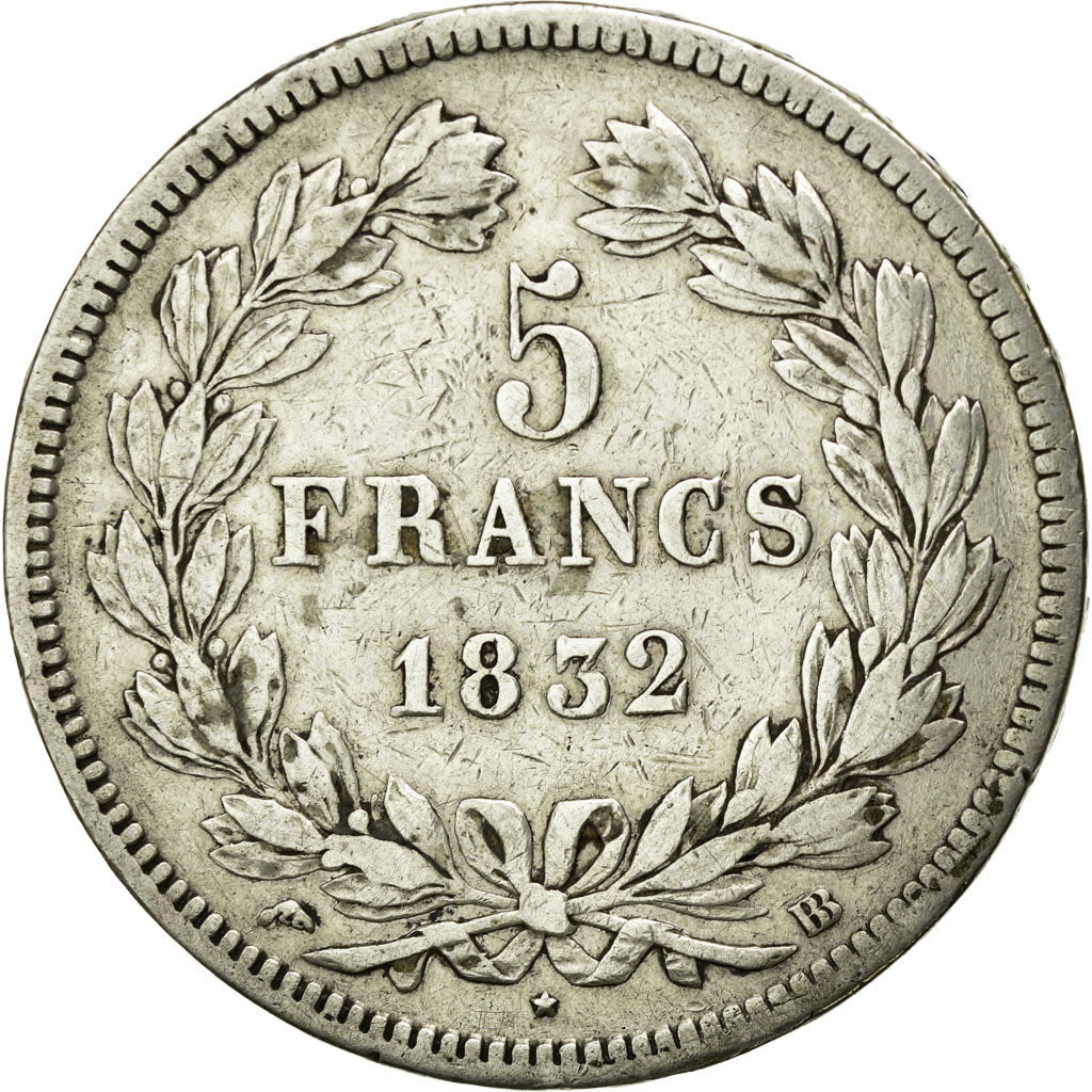 Moneda, Francia, Louis-Philippe, 5 Francs, 1832, Strasbourg, BC+, Plata