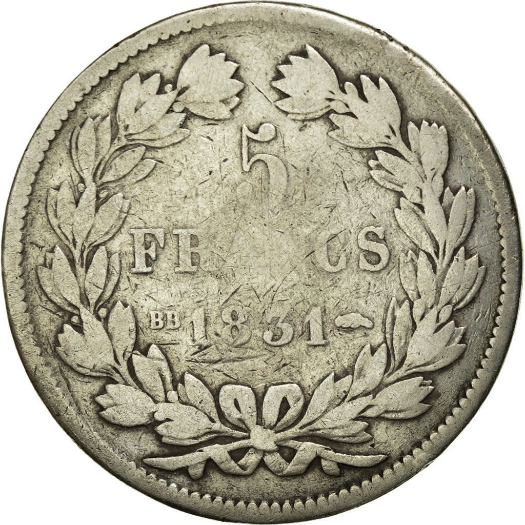 Moneda, Francia, Louis-Philippe, 5 Francs, 1831, Strasbourg, BC, Plata