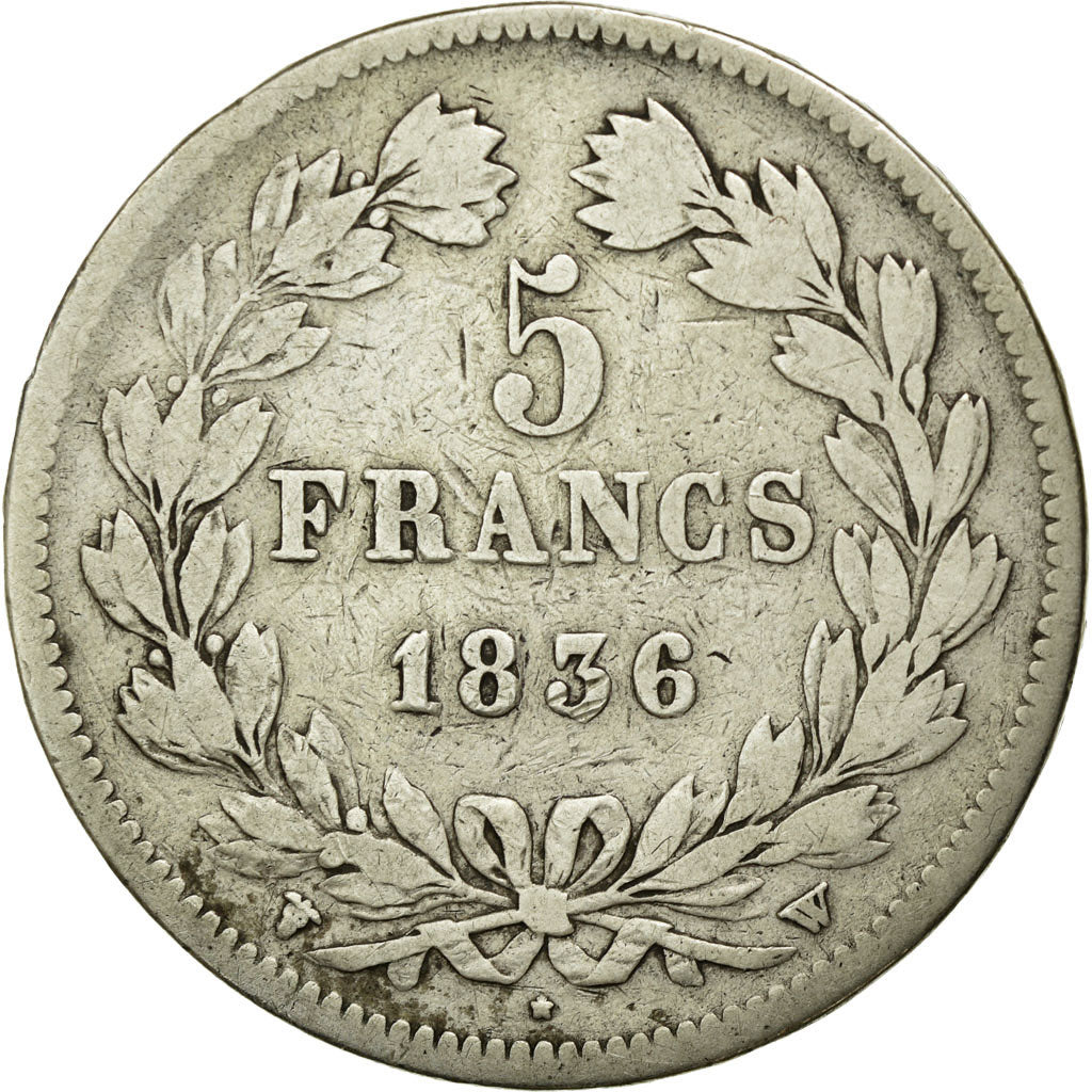 Moneda, Francia, Louis-Philippe, 5 Francs, 1836, Lille, BC+, Plata, KM:749.13