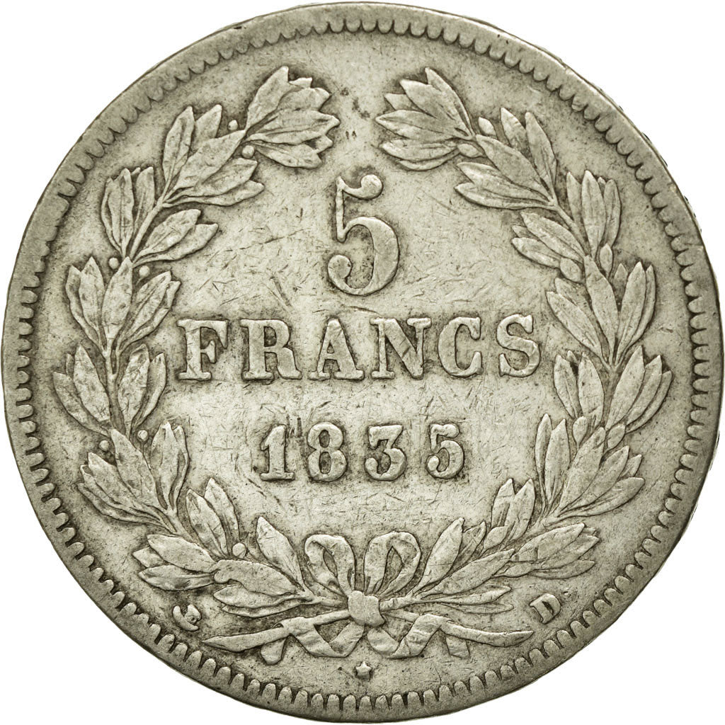Moneda, Francia, Louis-Philippe, 5 Francs, 1835, Lyon, BC+, Plata, KM:749.4