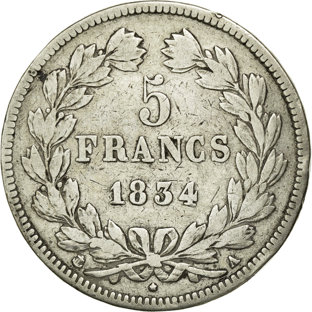 Moneta, Francia, Louis-Philippe, 5 Francs, 1834, Paris, MB, Argento, KM:749.1
