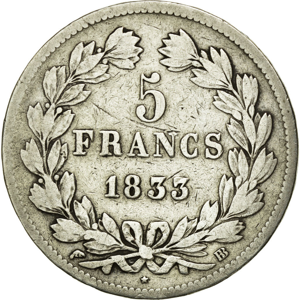 Moneda, Francia, Louis-Philippe, 5 Francs, 1833, Strasbourg, BC+, Plata