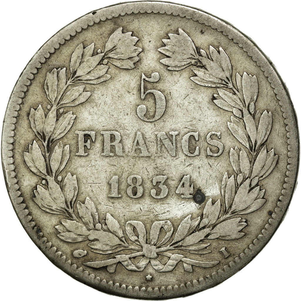 Moneda, Francia, Louis-Philippe, 5 Francs, 1834, Limoges, BC+, Plata, KM:749.6