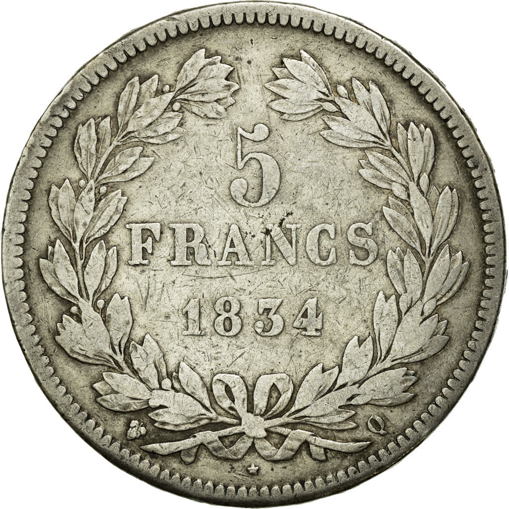Coin, France, Louis-Philippe, 5 Francs, 1834, Perpignan, VF(20-25), Silver