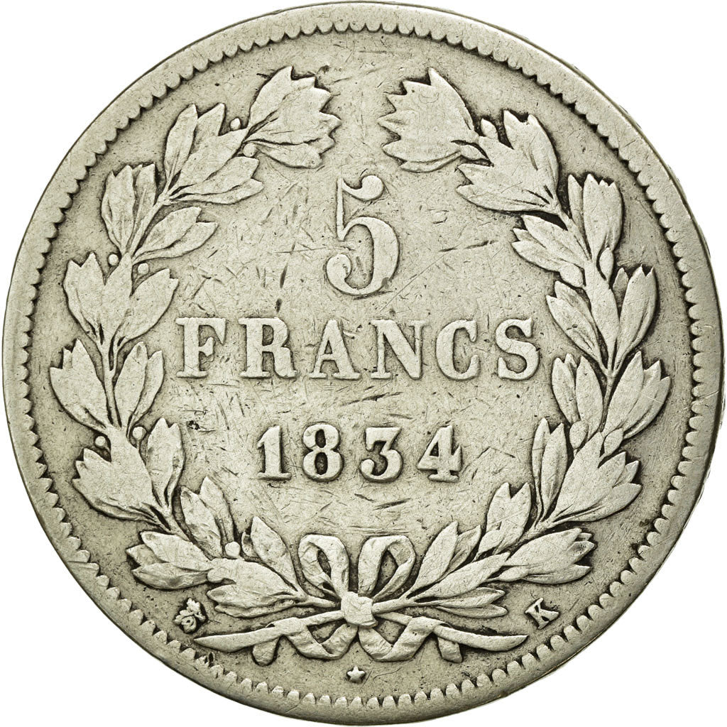 Coin, France, Louis-Philippe, 5 Francs, 1834, Bordeaux, VF(20-25), Silver