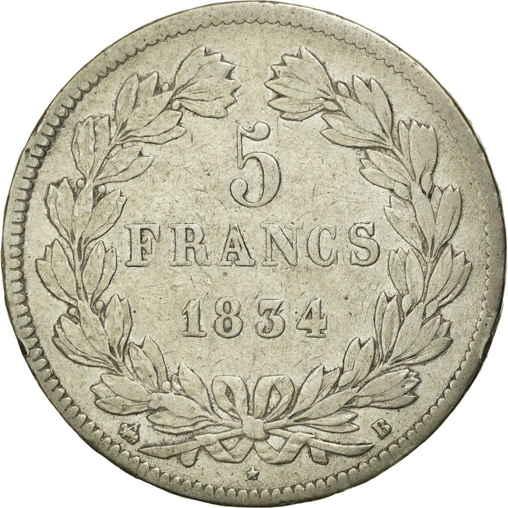 Moneta, Francia, Louis-Philippe, 5 Francs, 1834, Rouen, MB, Argento, KM:749.2