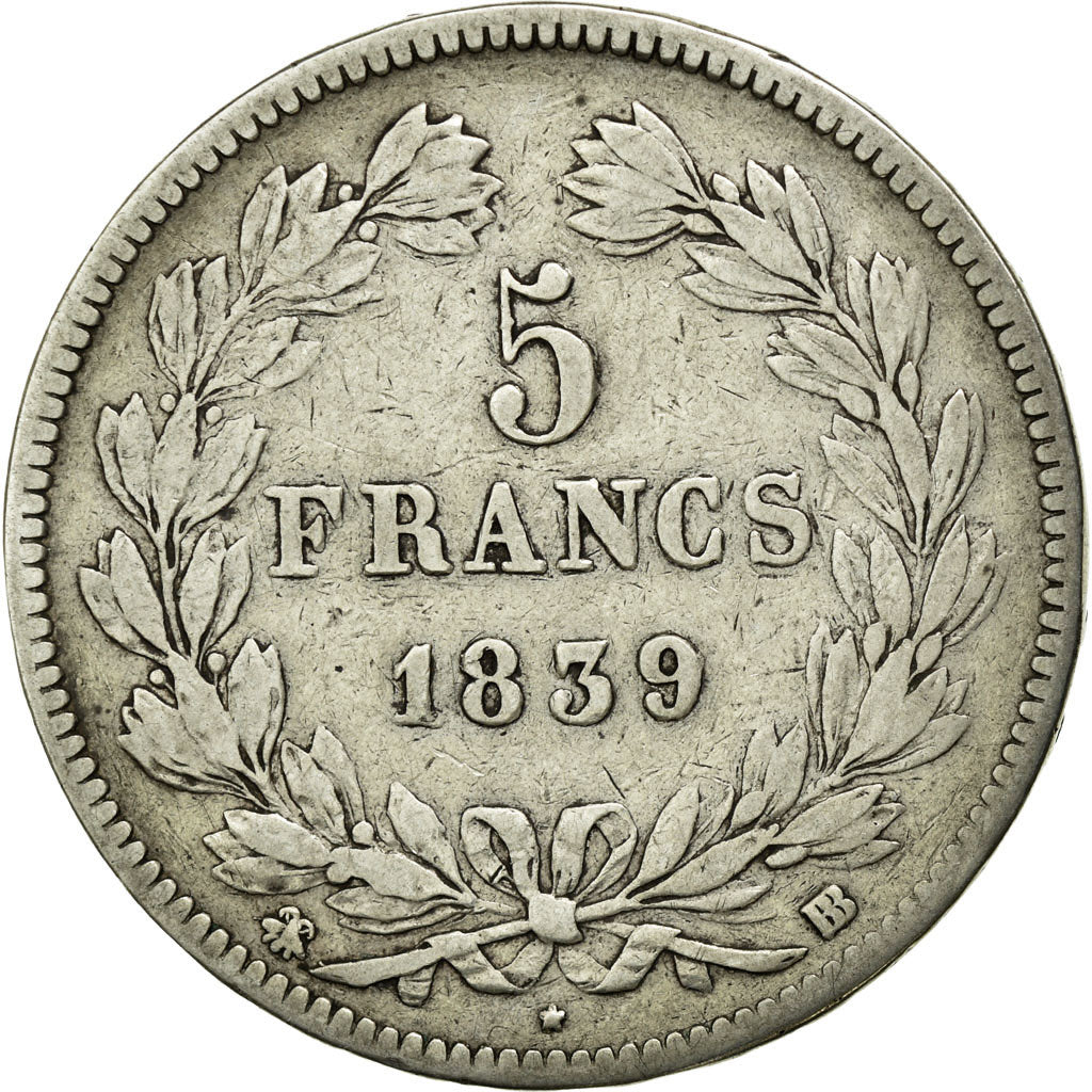 Coin, France, Louis-Philippe, 5 Francs, 1839, Strasbourg, VF(20-25), Silver