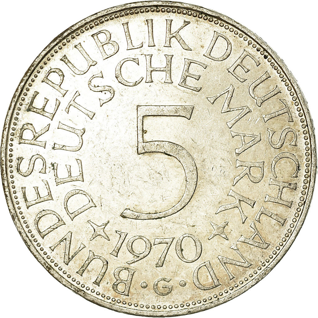 Coin, GERMANY - FEDERAL REPUBLIC, 5 Mark, 1970, Karlsruhe, EF(40-45), Silver