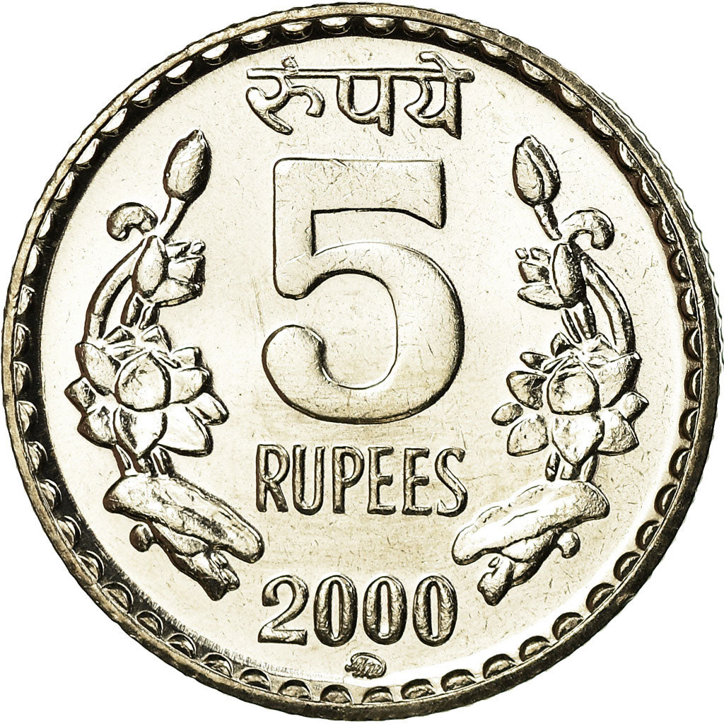 Moeda, ÍNDIA - REPÚBLICA, 5 Rupees, 2000, MS(63), Cobre-níquel, KM:154.1