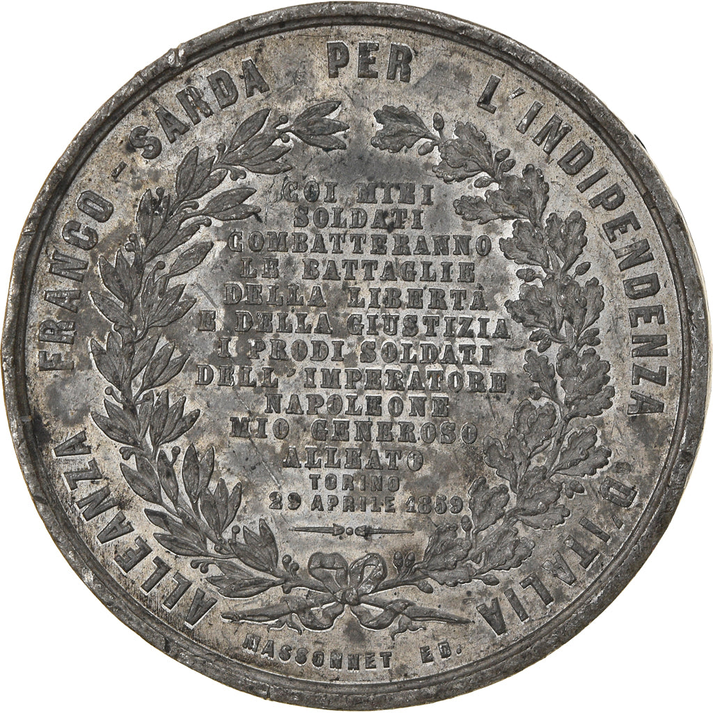 Italie, Médaille, Savoie, Alliance Franco-Sarde, History, 1859, Gayrard, TB+