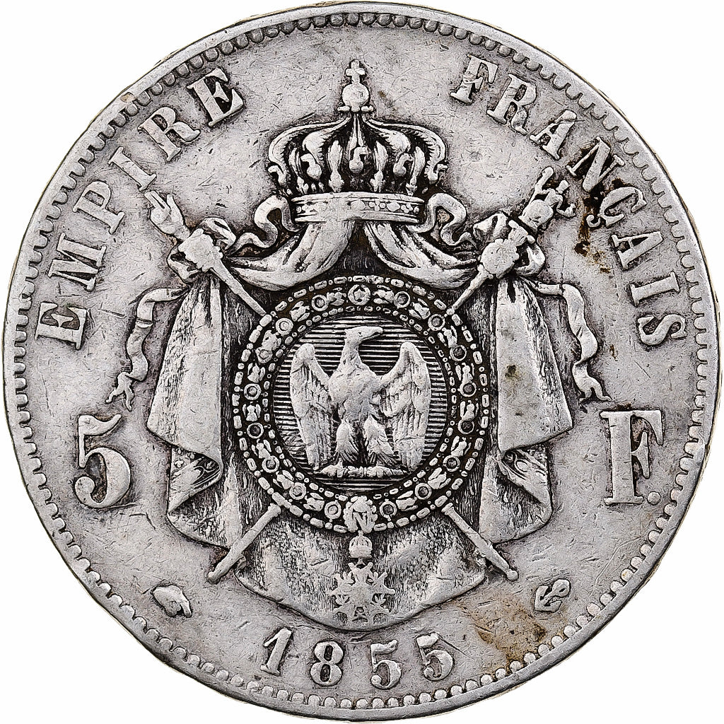 Francja, Napoleon III, 5 Francs, 1855, Paris, Srebro, VF(30-35), Gadoury:734