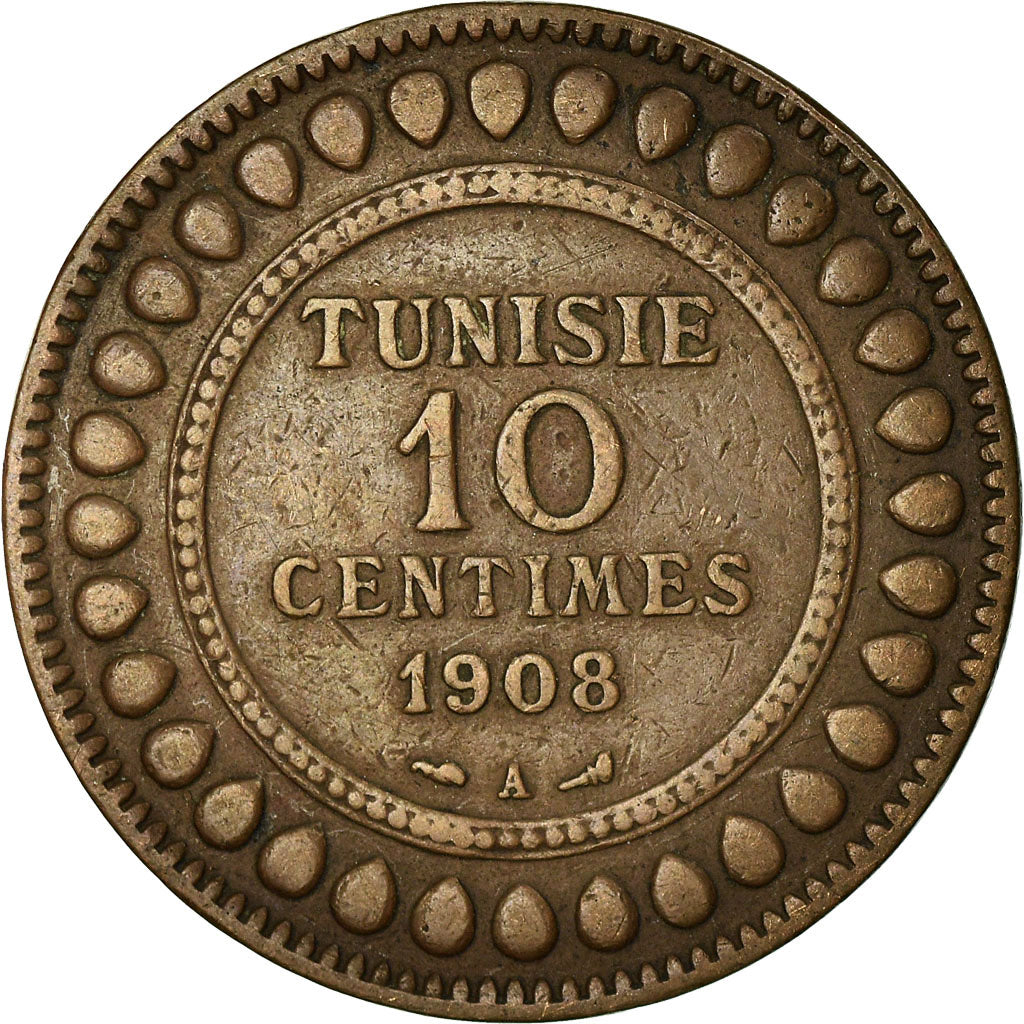 Moneta, Tunisia, Muhammad al-Nasir Bey, 10 Centimes, 1908, Paris, EF(40-45)