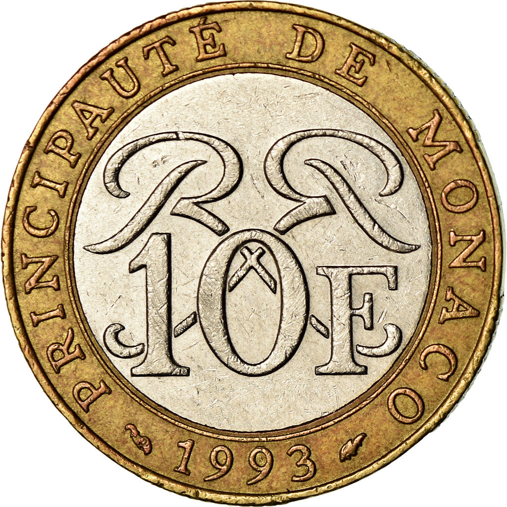 Moneda, Mónaco, Rainier III, 10 Francs, 1993, MBC, Bimetálico, KM:163