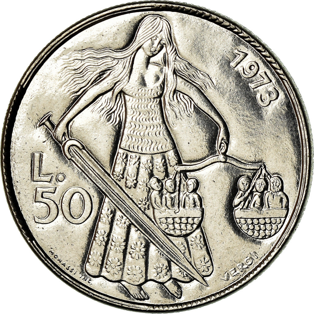 Coin, San Marino, 50 Lire, 1973, Rome, MS(65-70), Steel, KM:27