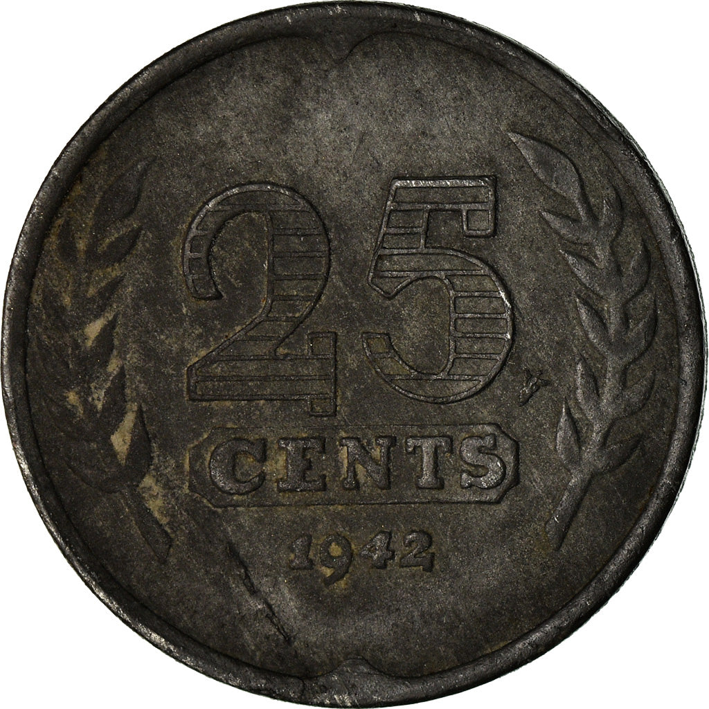Monnaie, Pays-Bas, Wilhelmina I, 25 Cents, 1942, TB+, Zinc, KM:174