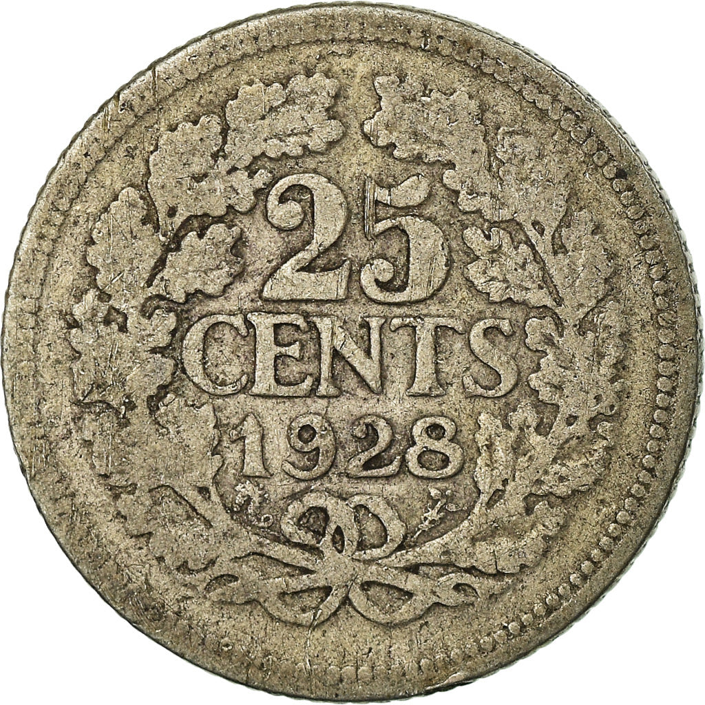 Moeda, Países Baixos, Wilhelmina I, 25 Cents, 1928, VF(30-35), Prata, KM:164