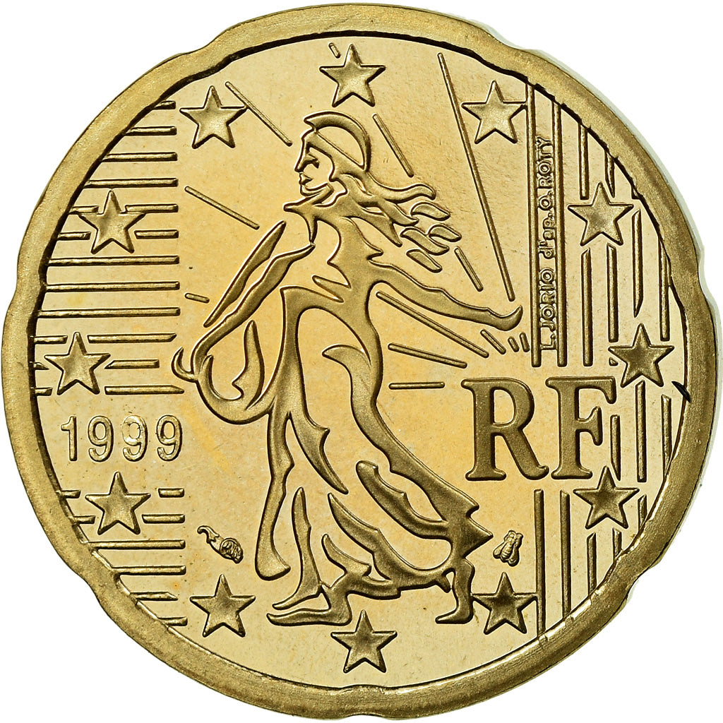 France, 20 Euro Cent, 1999, BE, MS(65-70), Brass, KM:1286