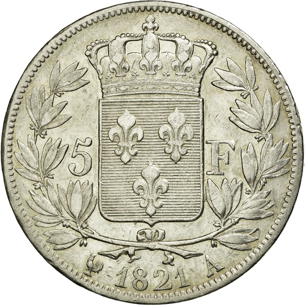 Moneda, Francia, Louis XVIII, Louis XVIII, 5 Francs, 1821, Paris, MBC, Plata