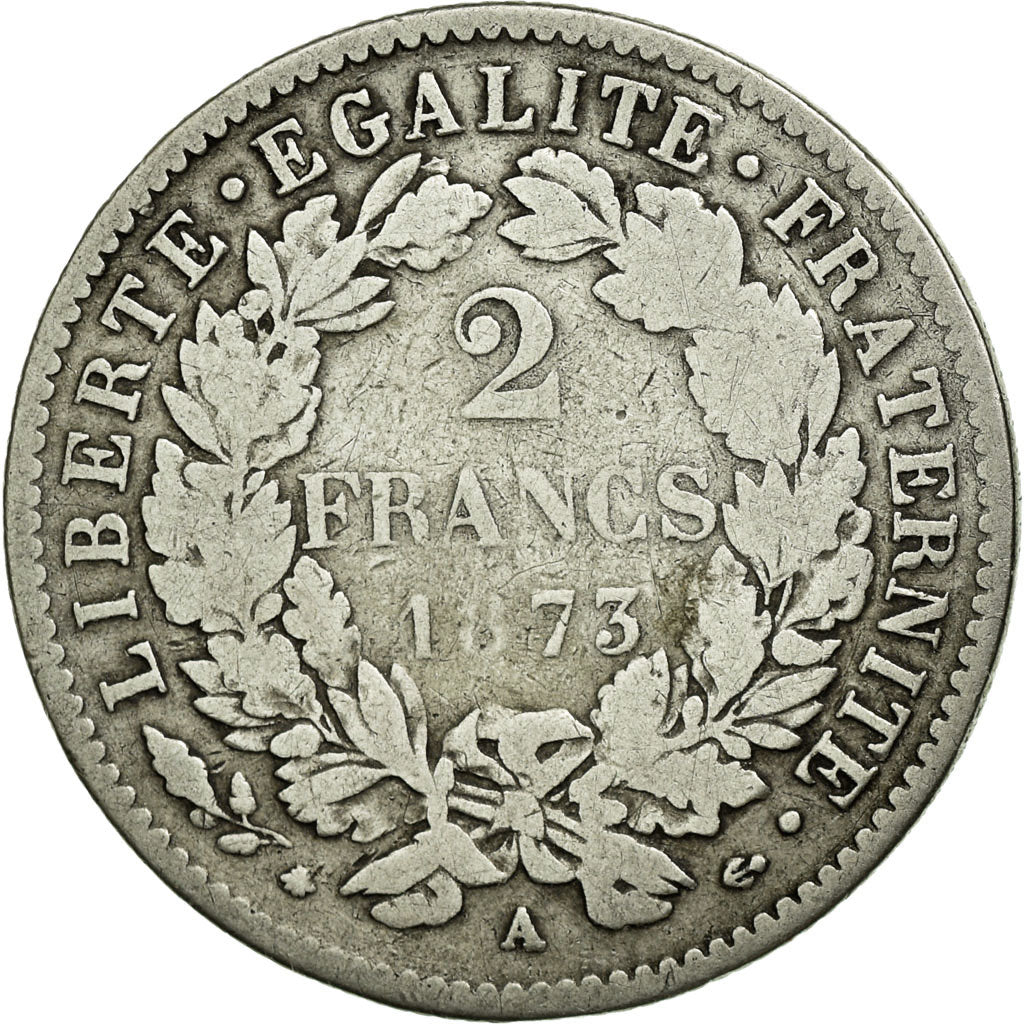 Moneta, Francia, Cérès, 2 Francs, 1873, Paris, MB, Argento, KM:817.1