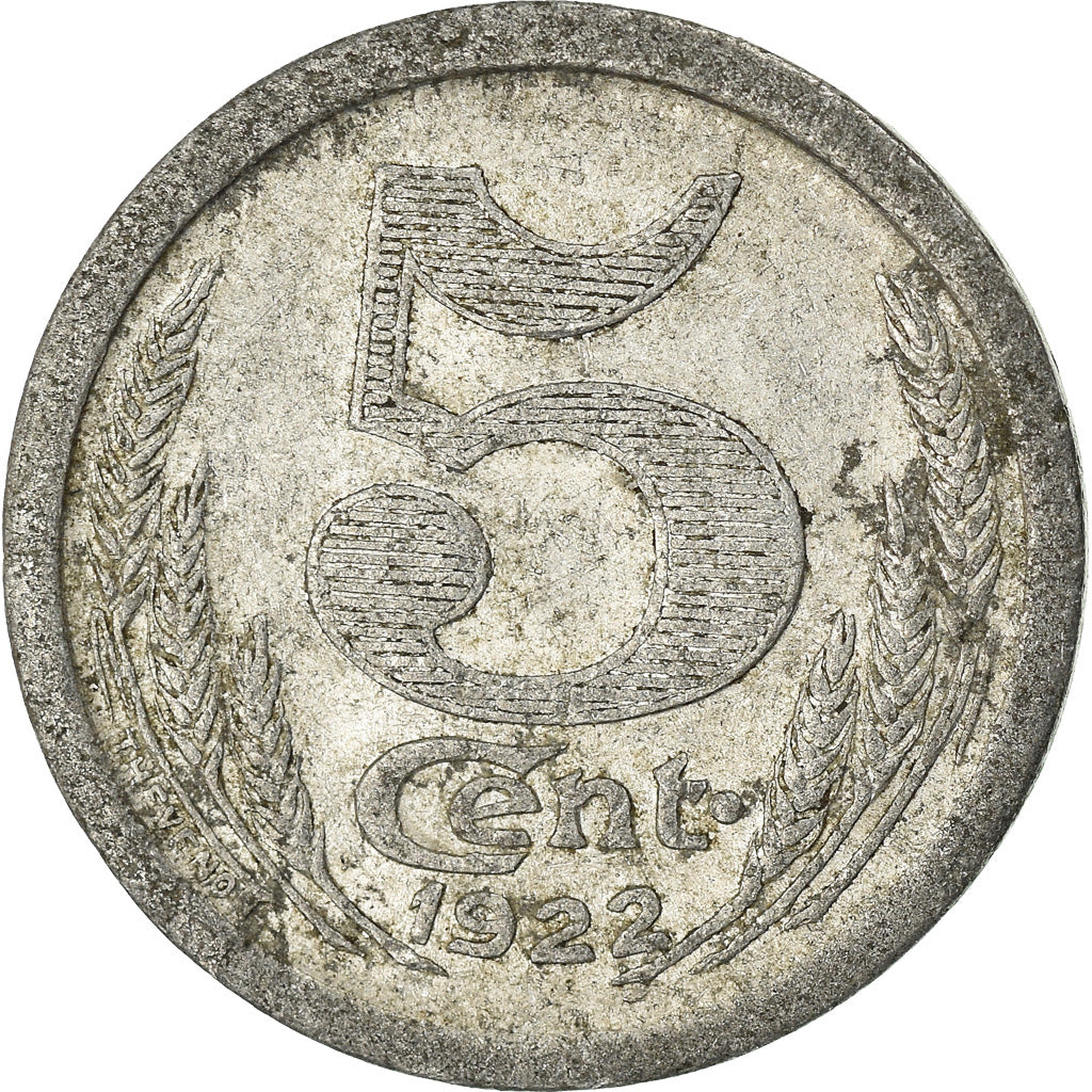 Moneda, Francia, 5 Centimes, 1922, BC+, Aluminio, Elie:10.1