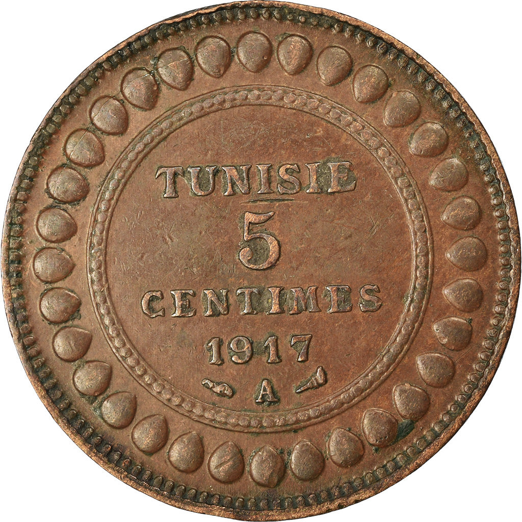 Moneda, Túnez, Muhammad al-Nasir Bey, 5 Centimes, 1917, Paris, MBC, Bronce