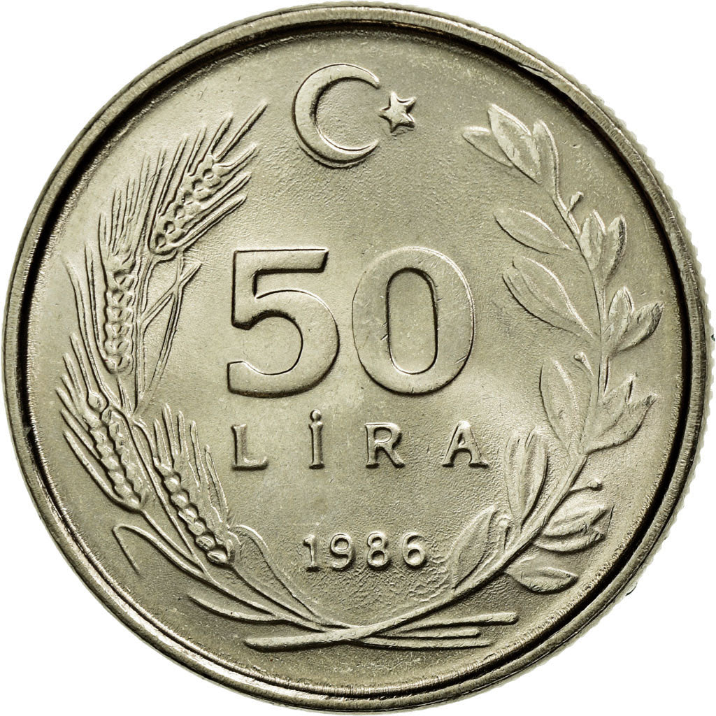 Coin, Turkey, 50 Lira, 1986, MS(60-62), Copper-Nickel-Zinc, KM:966