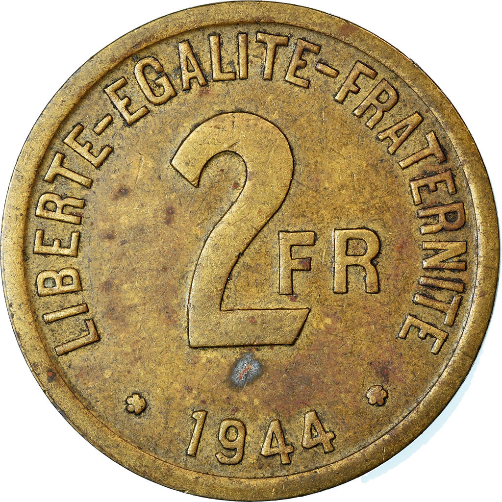 Monnaie, France, France Libre, 2 Francs, 1944, Philadelphie, TB+, Laiton
