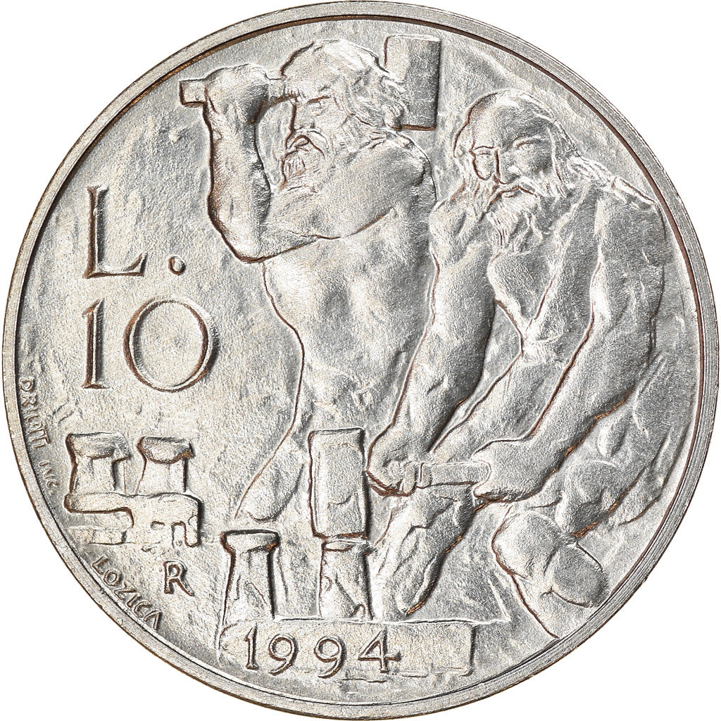 Coin, San Marino, 10 Lire, 1994, Rome, AU(55-58), Aluminum, KM:309
