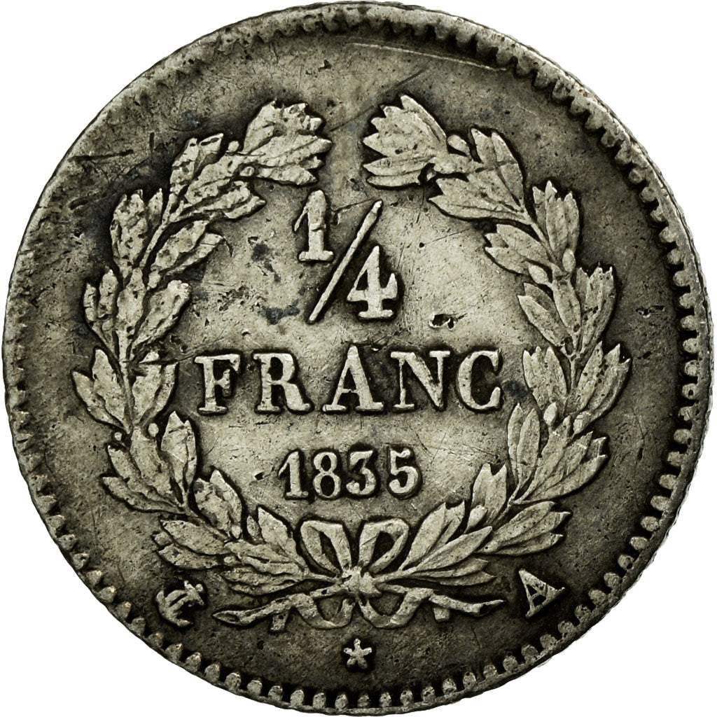 Moneda, Francia, Louis-Philippe, 1/4 Franc, 1835, Paris, BC+, Plata, KM:740.1