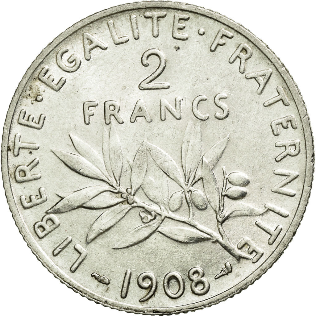 Coin, France, Semeuse, 2 Francs, 1908, Paris, AU(55-58), Silver, KM:845.1