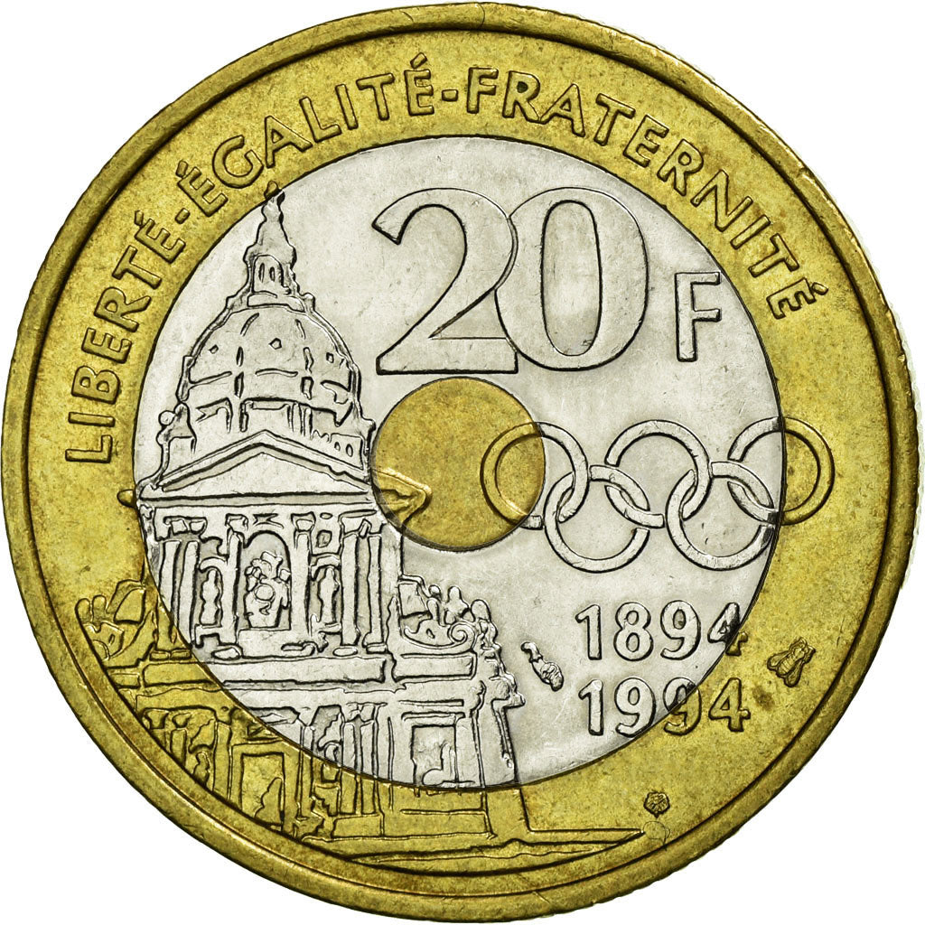 Moneta, Francia, Pierre de Coubertin, 20 Francs, 1994, SPL-, Tri-metallico