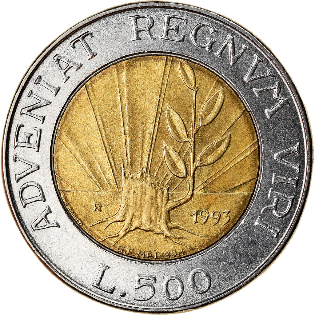 Moneda, San Marino, 500 Lire, 1993, MBC+, Bimetálico, KM:301