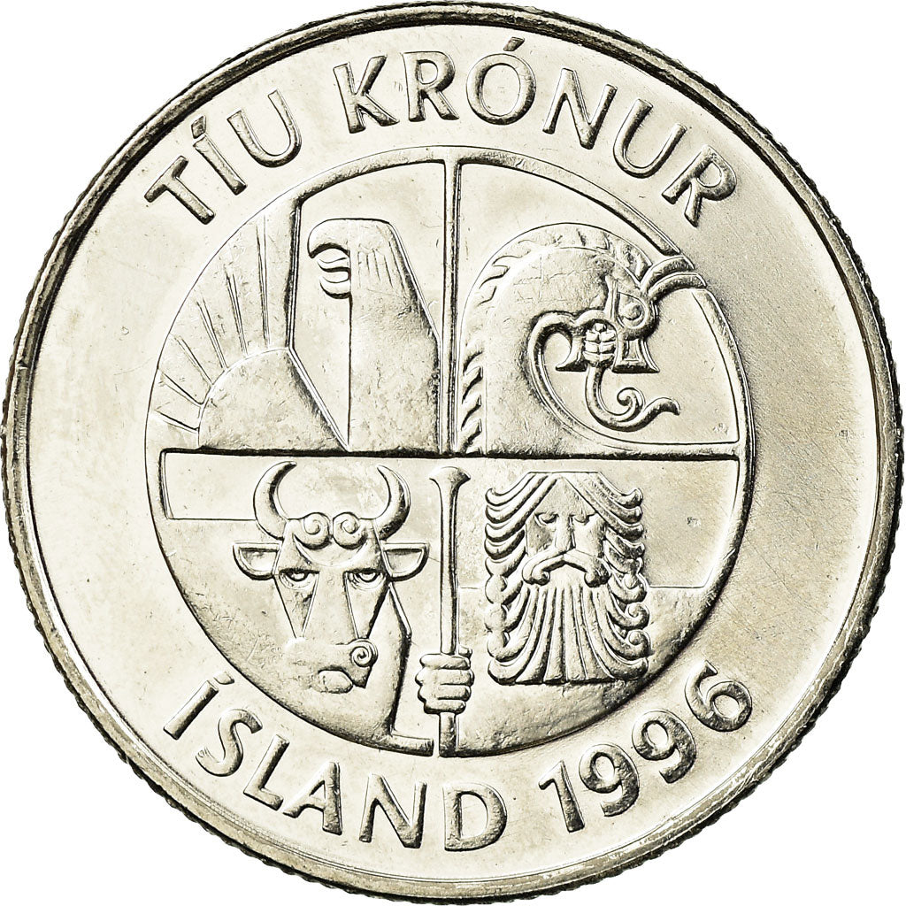Moneta, Islanda, 10 Kronur, 1996, SPL-, Acciaio placcato nichel, KM:29.1a