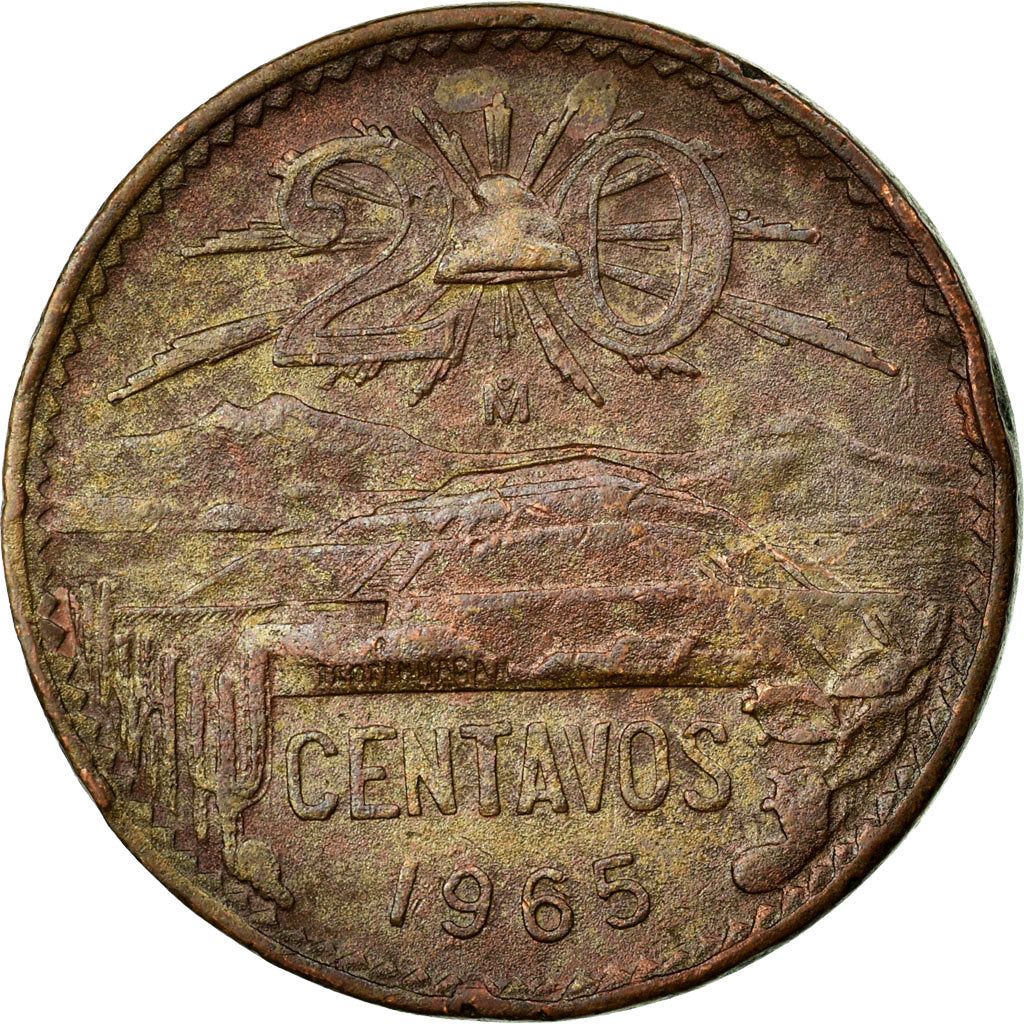 Moneda, México, 20 Centavos, 1965, Mexico City, MBC, Bronce, KM:440