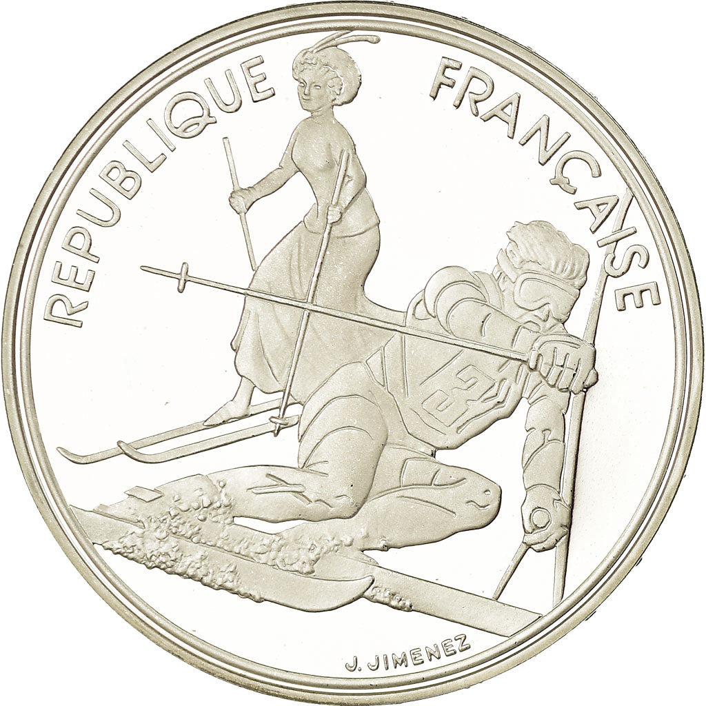 Coin, France, Slalom skiers, 100 Francs, 1990, BE, MS(65-70), Silver, KM:984