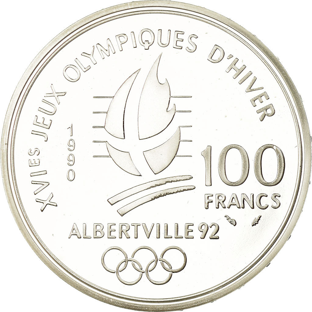 Coin, France, Slalom skiers, 100 Francs, 1990, BE, MS(65-70), Silver, KM:984